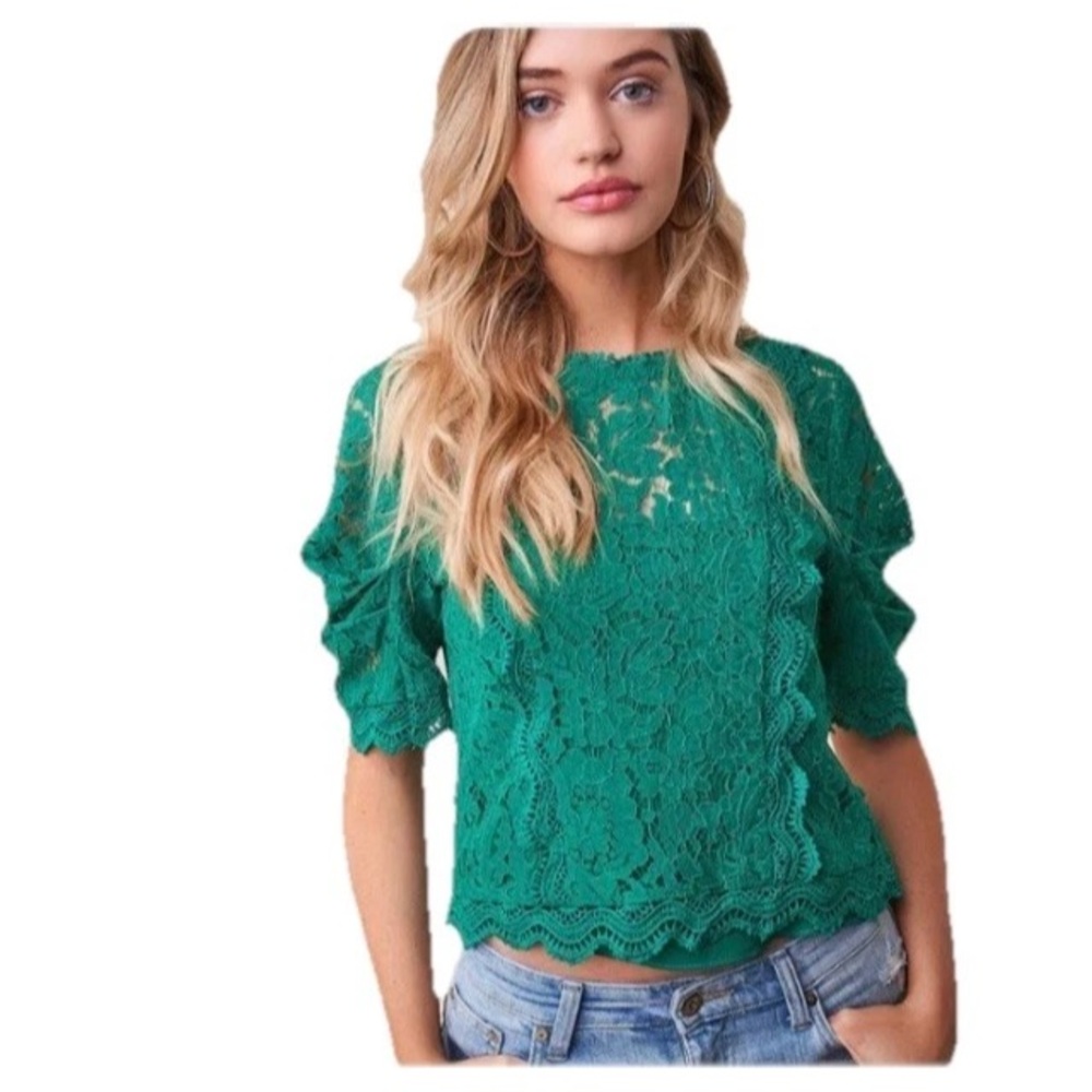 SUGAR LIPS Emerald Green Women’s Floral Lace Boxy Lined Balloon Scalloped Top S